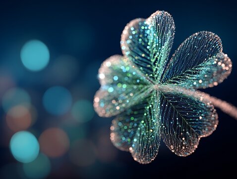 A shimmering digital four leaf clover with a bokeh background glows softly