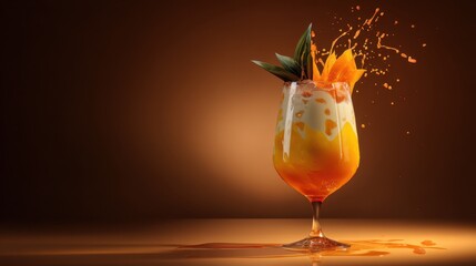 High modern cocktail glass filled with vibrant split-color drink, garnished with tropical fruit, set against a soft gradient background, perfect for advertising and promotional use