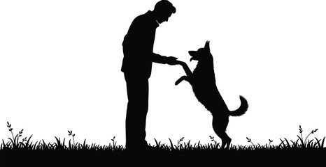 Man training dog silhouette illustration, owner bonding with pet outdoors, obedience training concept, black white vector scene isolated © Itz Raju
