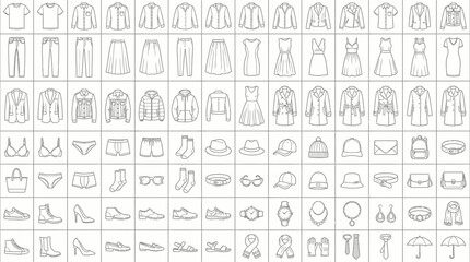 Fashion & Apparel Icon Grid &ndash; 50+ Monochrome Line Art Symbols of Clothing, Footwear, and Accessories for Retail, Editorial, and UI Design Use