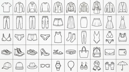 Fashion & Apparel Icon Grid &ndash; 50+ Monochrome Line Art Symbols of Clothing, Footwear, and Accessories for Retail, Editorial, and UI Design Use