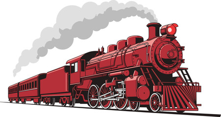 Red Vintage Steam Locomotive Train Illustration with Passenger Cars and Smoke for Retro Industrial Travel Railway Transportation History and Classic Engineering Graphic Design © Umme