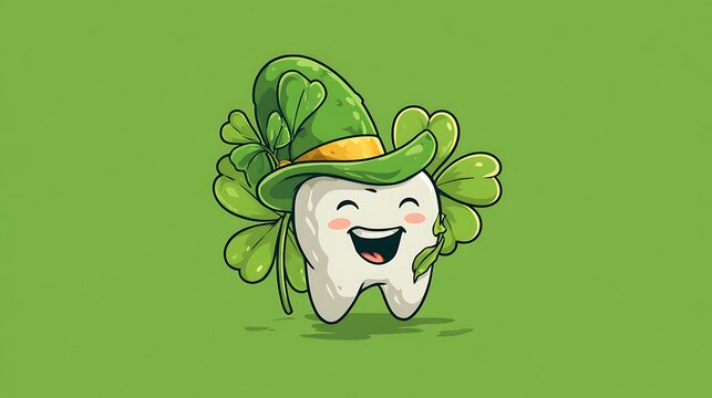 A smiling tooth character wearing a leprechaun hat with clovers