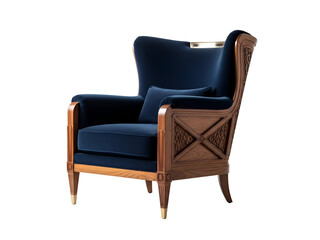 Obraz premium Luxurious Navy Velvet Armchair with Carved Wooden Frame & Brass Accents Isolated on Transparent Background