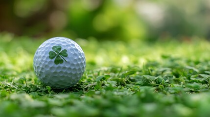 A lucky golf ball rests on lush green grass with a clover detail
