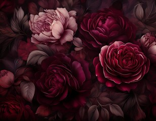 wallpaper of burgundy and maroon roses and peonies dark moody colors dark fantasy lush floral background