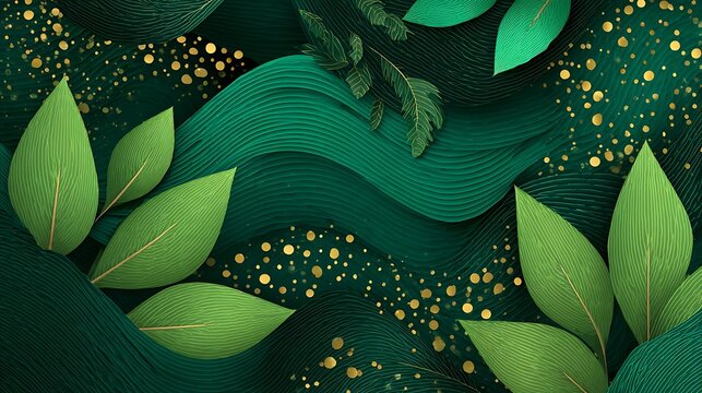 Abstract green leaves and flowing lines with golden sparkles a digital artwork