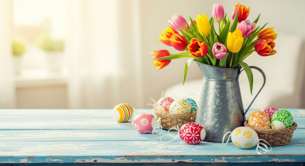 Bright spring tulips in a metal pitcher with colorful Easter eggs on a rustic blue wooden table with space for text. Easter greeting card concept.