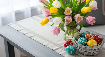 Bright spring tulips in a glass vase with colorful Easter eggs on a rustic wooden table with space for text. Easter greeting card concept.