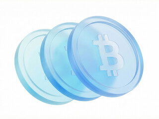3d blue glass bitcoin icon, crypto digital currency coin, frosted finance technology, blockchain money investment