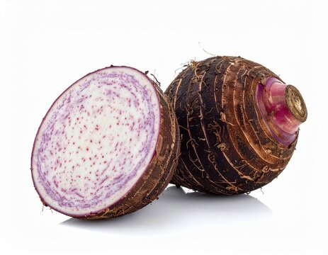 Fresh Taro Root Halved, Showing Purple Speckled Flesh, Isolated on White