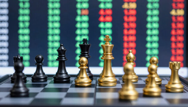 Chess piece gold king and black king on chessboard with stock market data background showing economy gold share strategy concept - Powered by Adobe