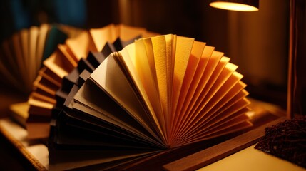 Velvety textures of assorted paper sheets arranged in a fan shape, illuminated by warm lighting, showcasing a variety of colors and textures on a wooden surface