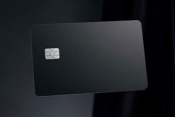 Blank black credit card with chip floating on dark background