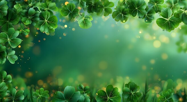 A vibrant border of lush green clover leaves against a blurred background