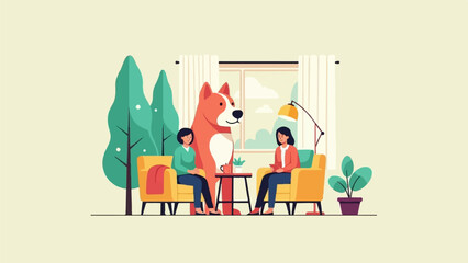 Fototapeta premium Two people and a dog in a cozy room with plants