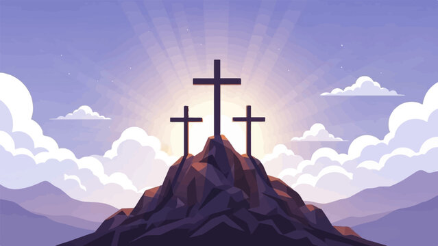 Three crosses on a rocky hill beneath a glowing sky