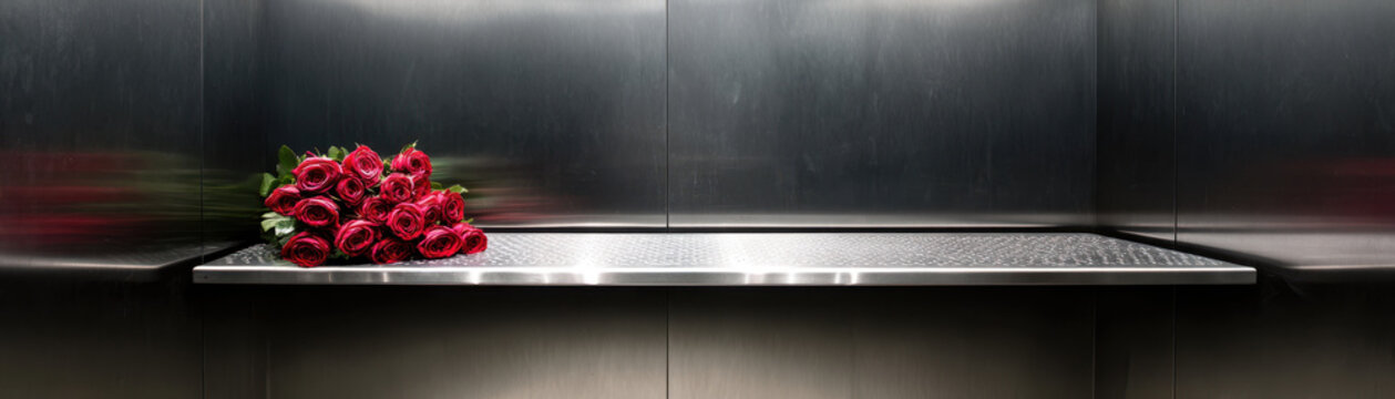 Valentine Day Celebration Valentine day celebration with red rose bouquet on metal shelf in modern elevator interior