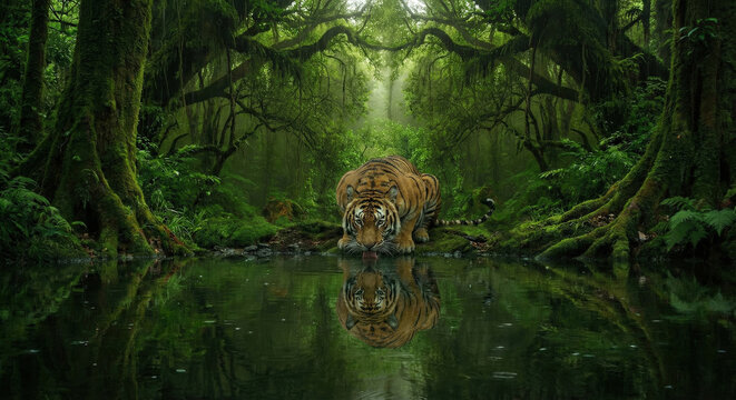 Tigre marchant dans une jungle tropicale dense
