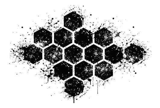 Grunge illustration of a hexagon pattern depicting ink splatters for modern design