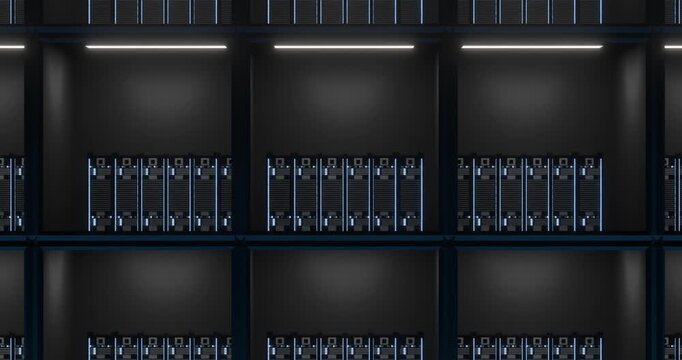 Rack-mounted servers glowing in grid on transparent background, flat design under linear LED lights