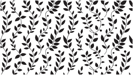 Minimalist black and white botanical wallpaper featuring delicate leaf clusters