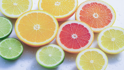 
Colorful assortment of juicy citrus slices with dew drops, perfect for healthy food and summer concepts.