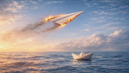 Concept of risk and ambition shown by flaming paper airplane and lonely paper boat on ocean.