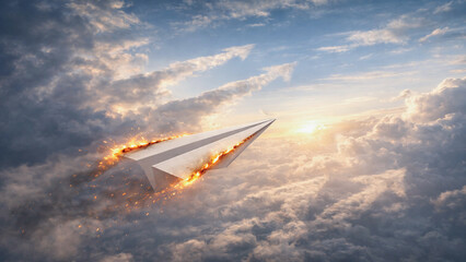Creative metaphor of innovation and risk shown by burning paper plane rising above cloudscape.