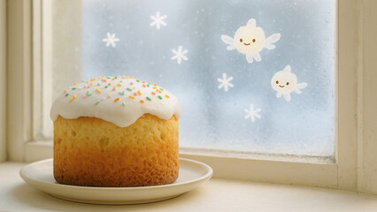 Fresh homemade Easter cake with sugar glaze and sprinkles on windowsill with playful snowflake art.