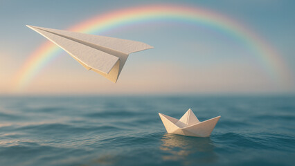 Paper airplane flying above paper boat on calm sea with rainbow in the sky, dreamlike journey concept.
