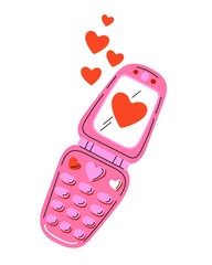 Cute vintage mobile phone with hearts  in pink and red colors, playful romantic illustration symbolizing love, messages, and Valentine&rsquo;s Day. Vector isolated on white