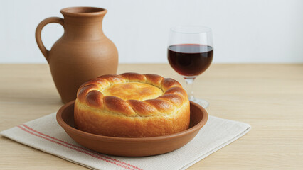 Rustic still life with homemade bread, glass of red wine and ceramic pitcher, symbol of Moldovan hospitality.
