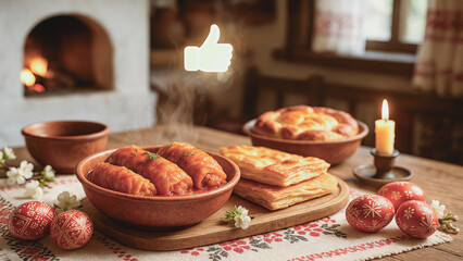 Traditional Moldovan Easter table with stuffed cabbage rolls, placinta pastry and festive painted eggs in rustic interior.