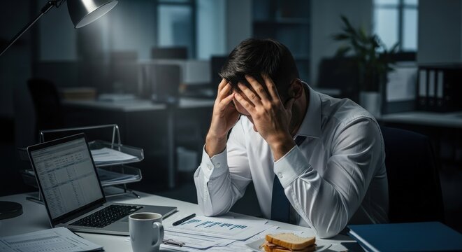 Caucasian man experiencing work related stress and burnout at office late night. Overworked businessman with headache working overtime in dark workplace