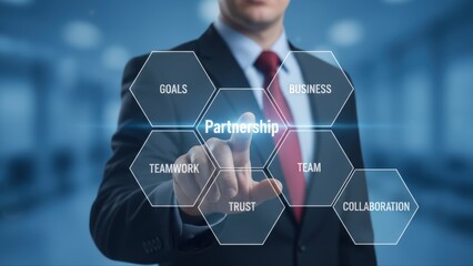 Businessman in a suit demonstrating professionalism by selecting partnership in a digital business interface.