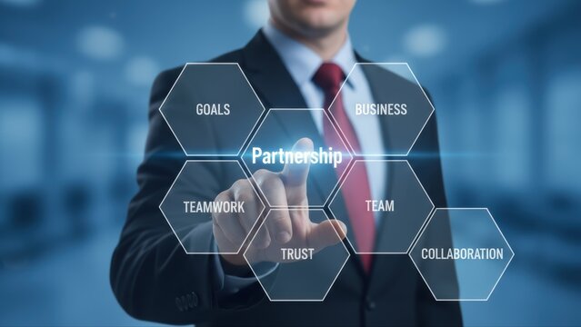 Businessman in a suit demonstrating professionalism by selecting partnership in a digital business interface.