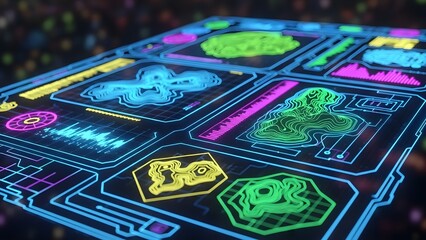 Futuristic interface with neon colored graphics and data visualizations