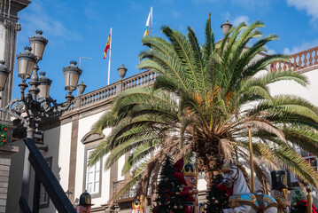 Las Palmas de Gran Canaria plaza with palm, ornate lamps, neoclassical facade, Spanish and Canary Islands flags, toy soldiers, and Christmas decor in bright midday sun. © Aerial Film Studio