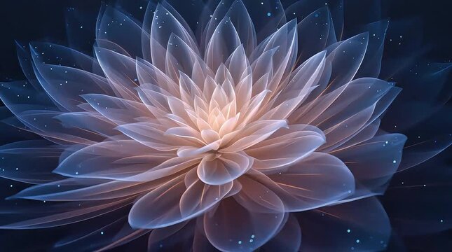 A serene lotus flower blooms in a cosmic environment, viewed from directly above with delicate petals unfolding