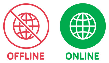 Online and Offline Internet Icons Set, vector collection of connectivity symbols globe with full or no signal for internet status design