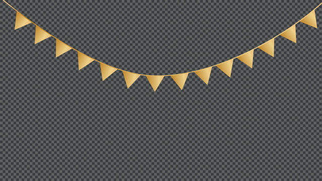 Golden triangular pennant flags string for festive party decoration on a transparent background