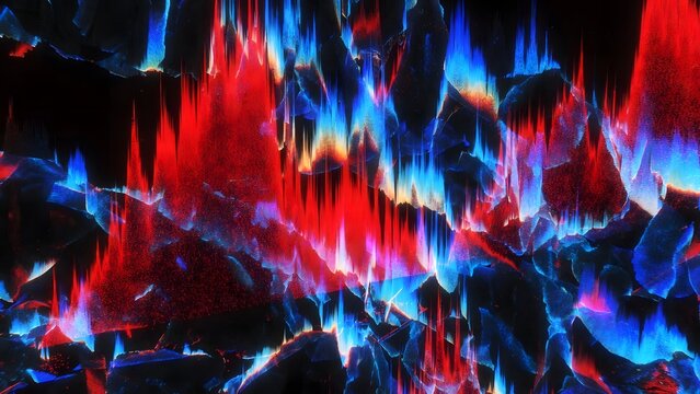 Abstract glitched background with red and blue sharp pixels, digital data flow concept
