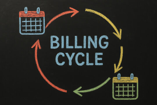 Colorful chalk drawing on a blackboard illustrates the recurring billing cycle with calendar icons and arrows.