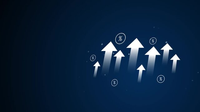 Virtual arrow up icon, representing business growth, financial performance, investment success and positive economic trend with percentage symbols.