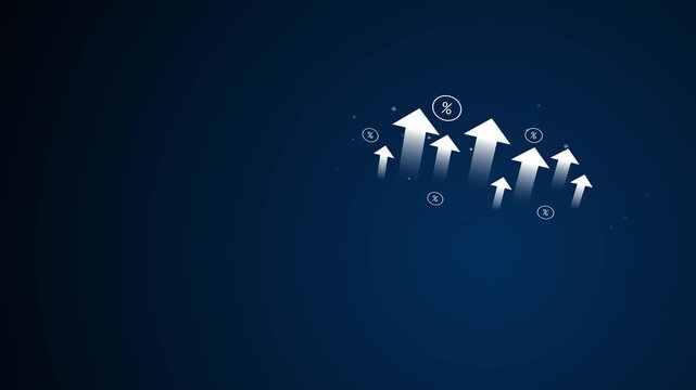 Virtual arrow up icon, representing business growth, financial performance, investment success and positive economic trend with percentage symbols.