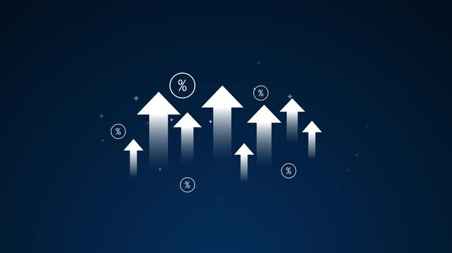 Virtual arrow up icon, representing business growth, financial performance, investment success and positive economic trend with percentage symbols.
