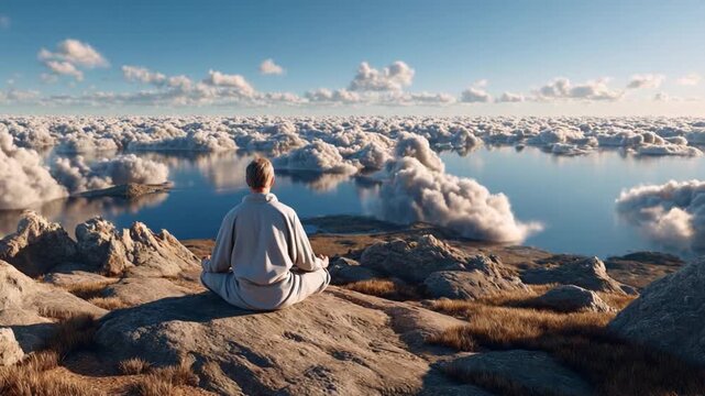 Serene Contemplation: In a scene of ethereal beauty, a lone figure meditates peacefully amidst a sea of clouds and sky, embracing the boundless expanse. 