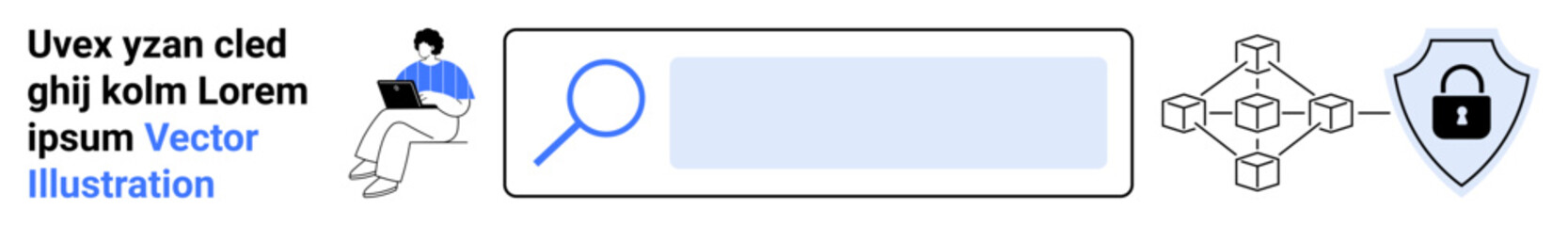Obraz premium Data privacy, cybersecurity, digital protection, blockchain, online search, risk management. Person holding laptop, search bar blockchain symbol shield with lock. Cybersecurity and digital