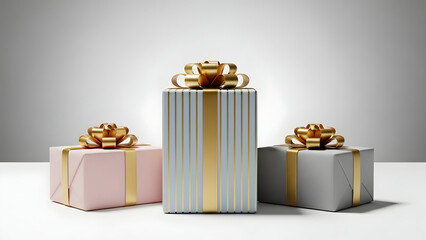 Three elegantly wrapped gifts with gold bows on top